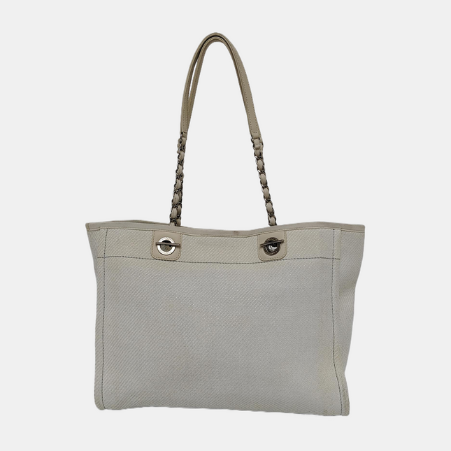 Chanel Deauville Tote Light Blue Denim Leather Trim Small 32cm