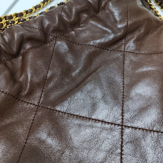 Chanel 22 Hobo Bag Mini Shiny Calfskin Leather Dark Chocolate Brown with Gold-tone Hardware