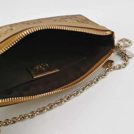Gucci Clutch Pochette Gold Monogram Canvas and Leather Heart Chain