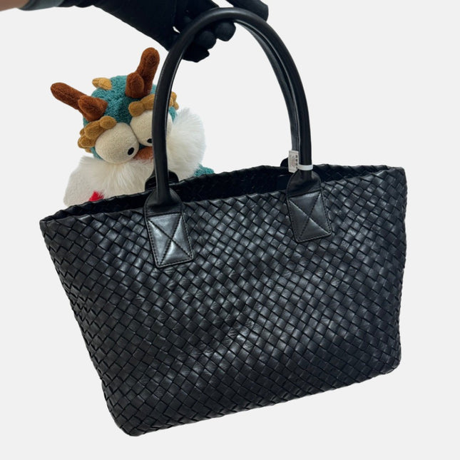 Bottega Veneta Cabat Small Intreccio Leather Tote Bag Black-Luxbags