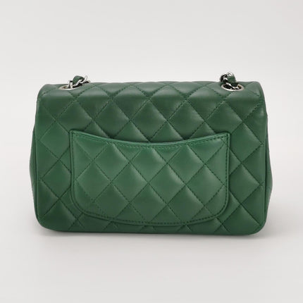 Chanel Classic Flap Mini Rectangular Green Lambskin Leather Silver Hardware