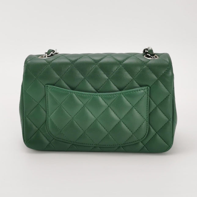 Chanel Classic Flap Mini Rectangular Green Lambskin Leather Silver Hardware