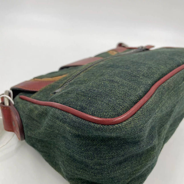 Dior Vintage Gaucho Mini Green Denim Burgundy Leather Crossbody Bag 2006