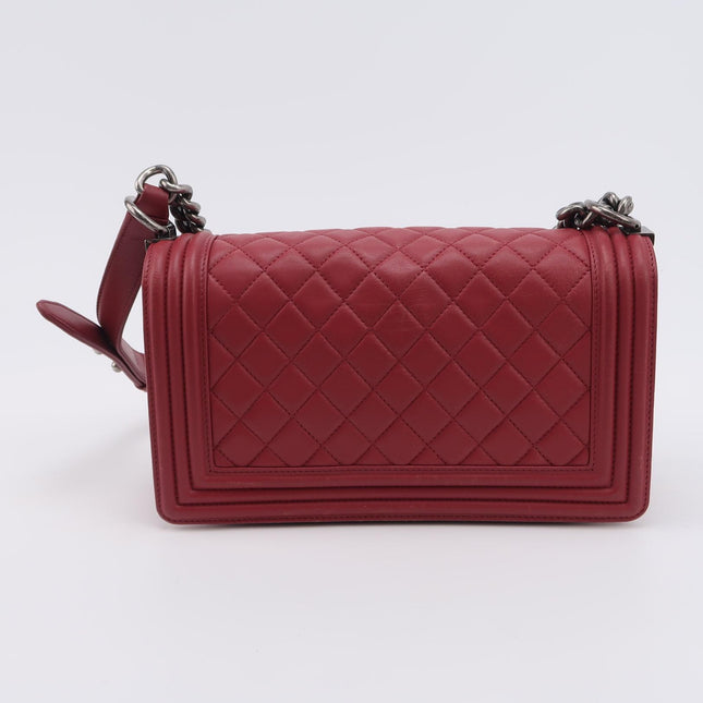 Chanel Le Boy Medium Bag Burgundy Lambskin Leather Silver Antiqued Hardware