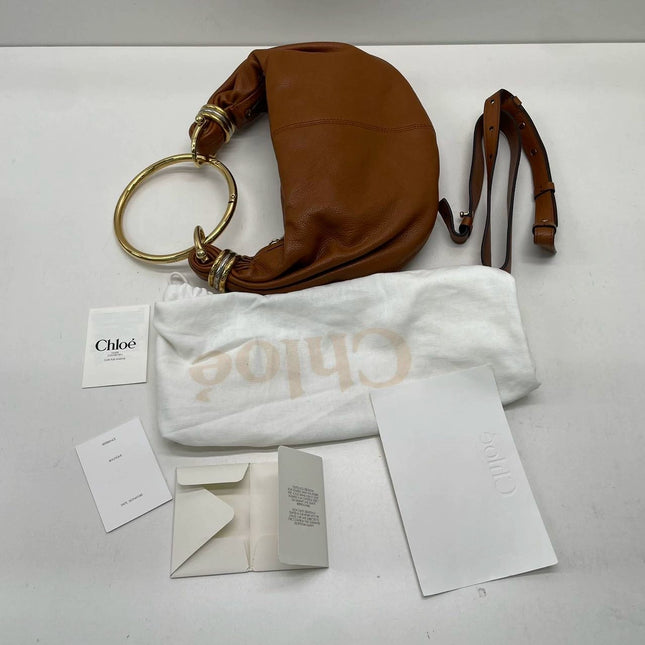 CHLOÉ Bracelet Hobo Embellished Brown Glossed Textured-leather Shoulder Bag