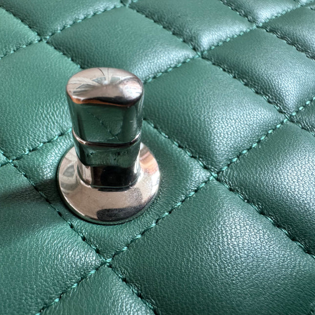 Chanel Classic Flap Mini Rectangular Green Lambskin Leather Silver Hardware
