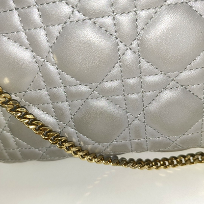 Lady Dior Mini Pearlescent Grey Lambskin Leather Gold HW Chain Strap