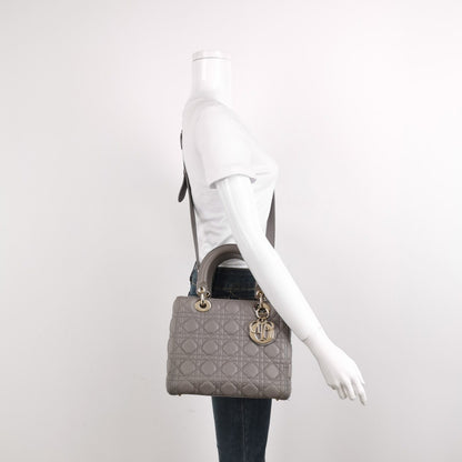 Sold Lady Dior Grey Medium Lambskin Cannage Leather Handbag ABC Strap