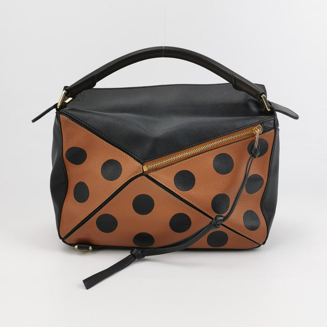 Loewe Puzzle Medium Polka Dots Brown Black Leather