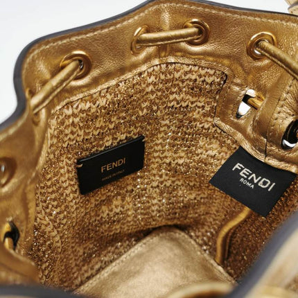 Fendi Mon Tresor Mini Bucket Bag Gold Raffia Thread and Leather Crossbody Bag