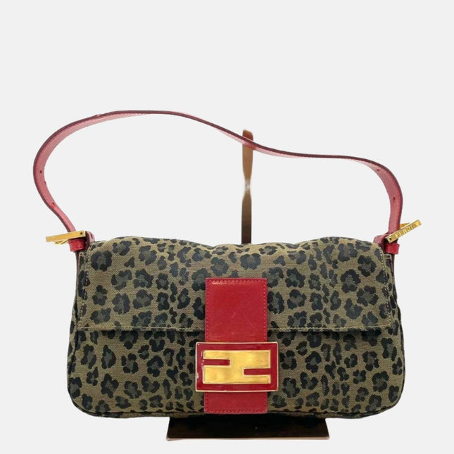 Fendi Baguette Denim Leopard Print with Red Leather Rare-Luxbags