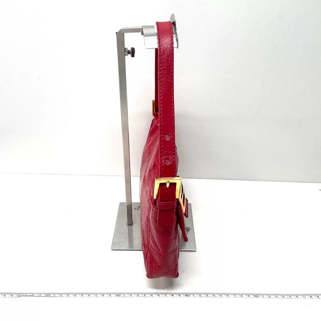 FENDI Baguette Red Crinkled Patent Leather Shoulder Bag