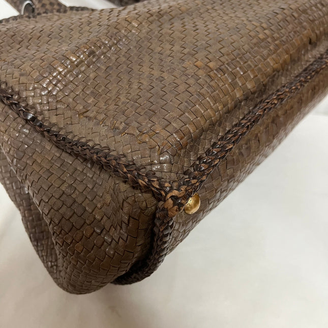 Prada Madras Brown Woven Leather Top Handle Shopping Tote