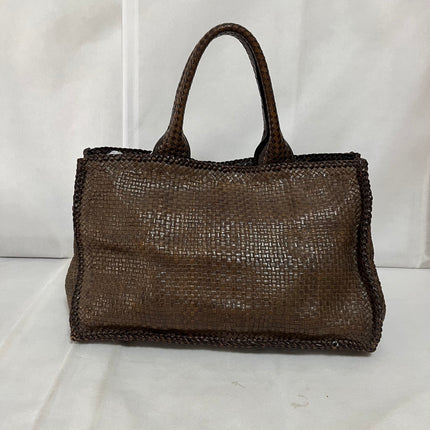 Prada Madras Brown Woven Leather Top Handle Shopping Tote Large