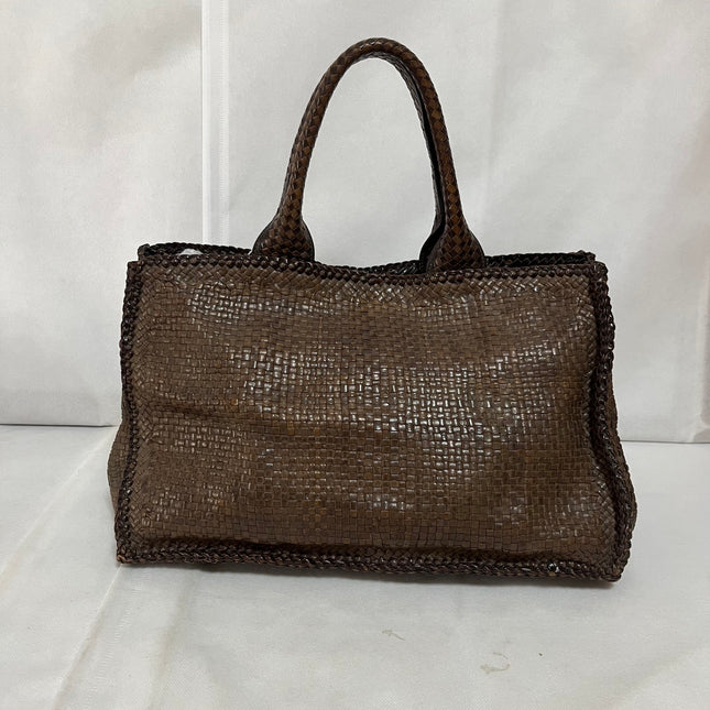 Prada Madras Brown Woven Leather Top Handle Shopping Tote