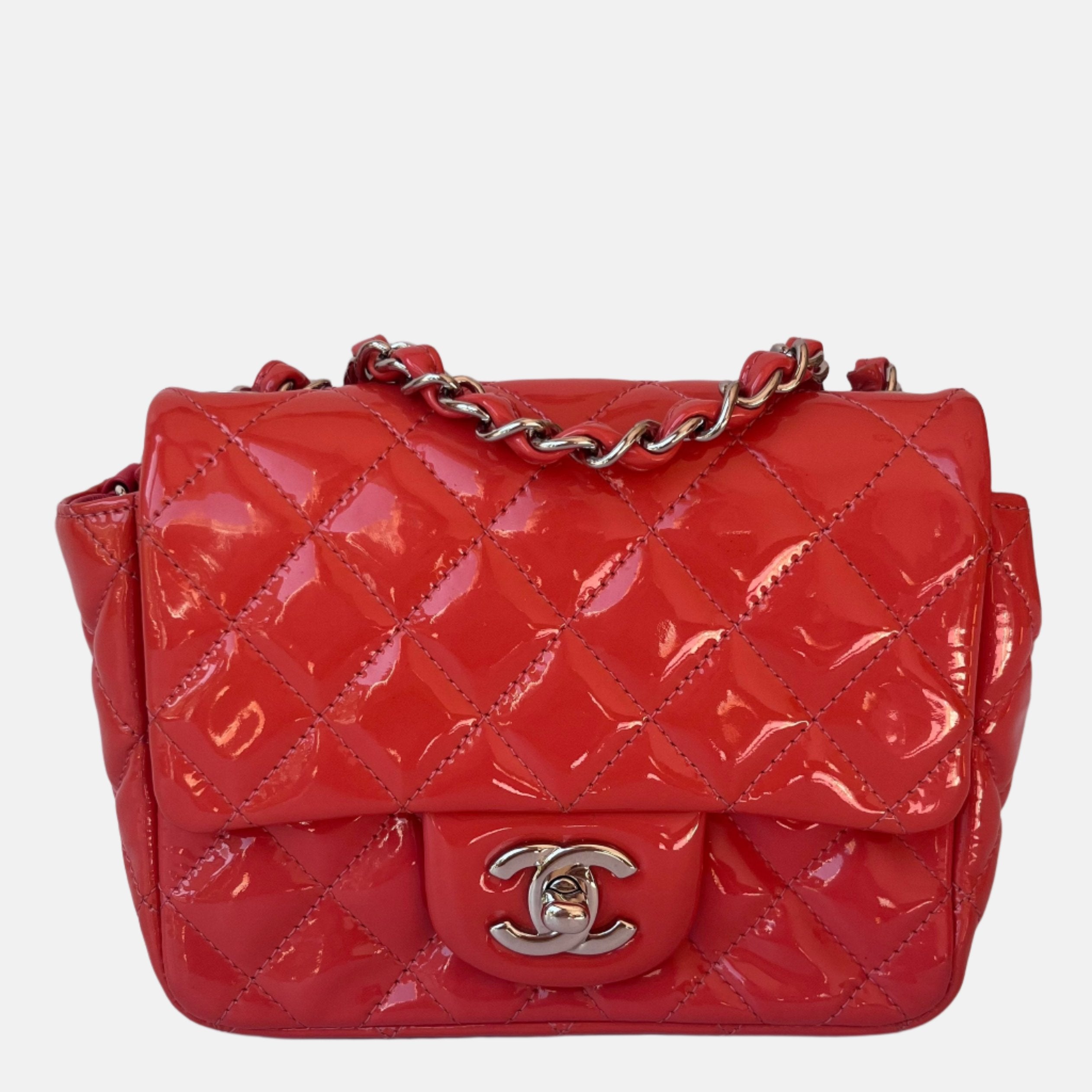Chanel Classic Flap Mini Square Coral Orange Patent Lambskin