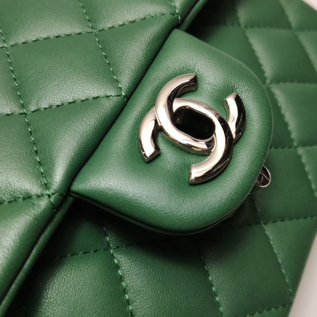 Chanel Classic Flap Mini Rectangular Green Lambskin Leather Silver Hardware