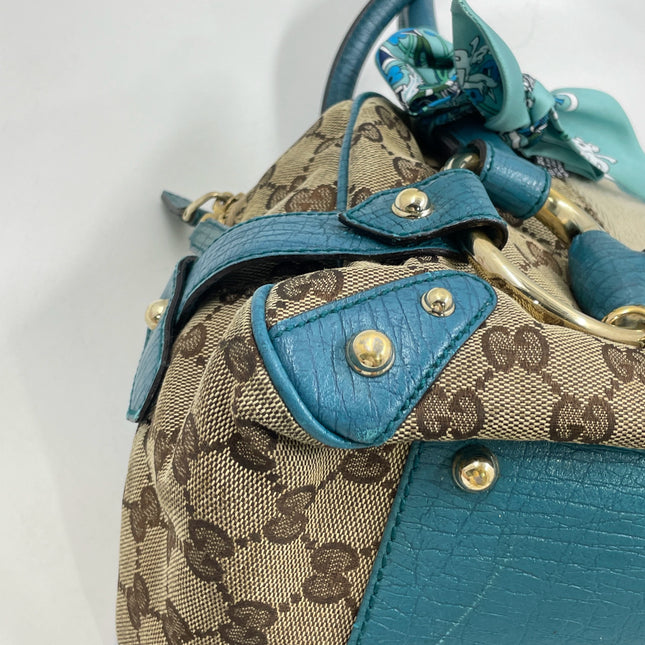Gucci Horsebit Boston Bowling Handbag Monogram Canvas Blue Leather
