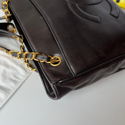 Chanel Vintage Front Pocket Tote Chocolate Brown Leather Double Gold Leather Chain