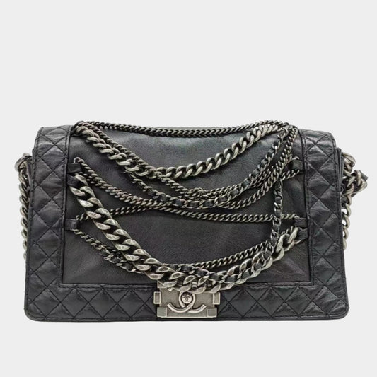 Chanel Enchained Boy Bag 2012 Black Leather Medium Flap Bag-Luxbags