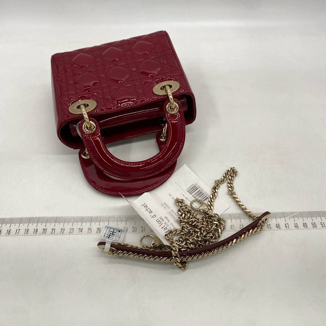 Lady Dior Mini Handbag Burgundy Red Patent Leather Gold-tone Chain Strap