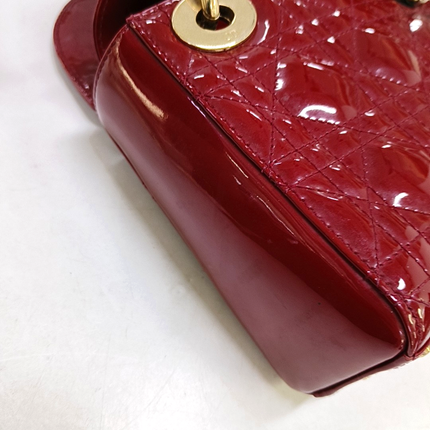 Lady Dior Mini Handbag Burgundy Red Patent Leather Gold-tone Chain Strap