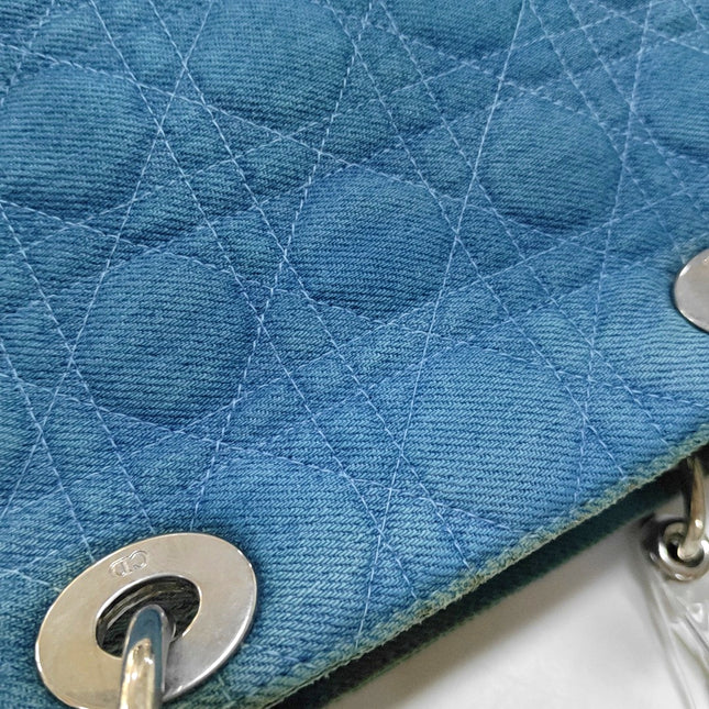 Lady Dior Vintage Medium Blue Jeans PVC Handles Silver Hardware With Strap