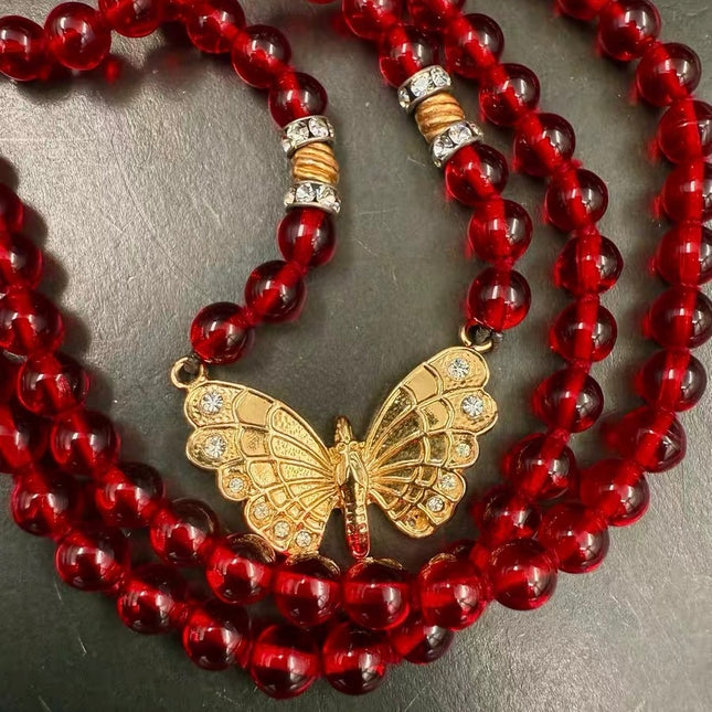 Ferragamo Vintage Rare Red Ruby Beads Necklace Gold Plated Butterfly Signed