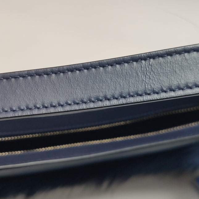 FENDI O Lock Navy Leather and Faux Fur Shoulder Bag