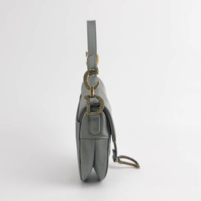Sold Dior Saddle Mini Silk Blue Grey with Crystal Embedded Buckles