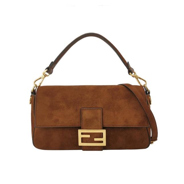 Fendi Baguette Selleria Suede Leather Crossbody Bag Medium Caramel Tan-Luxbags