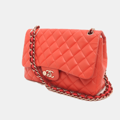 Chanel Classic Flap 2009 Large Red Leather Gold Hardware Velvet Chain Strap