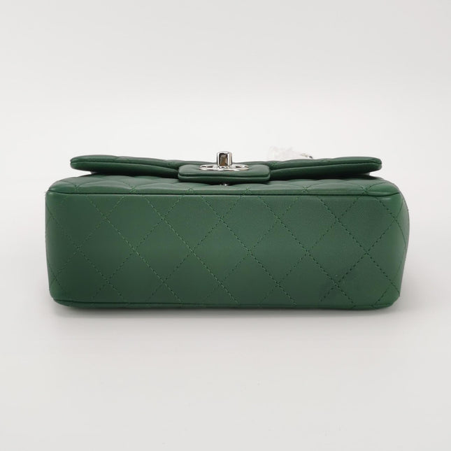 Chanel Classic Flap Mini Rectangular Green Lambskin Leather Silver Hardware