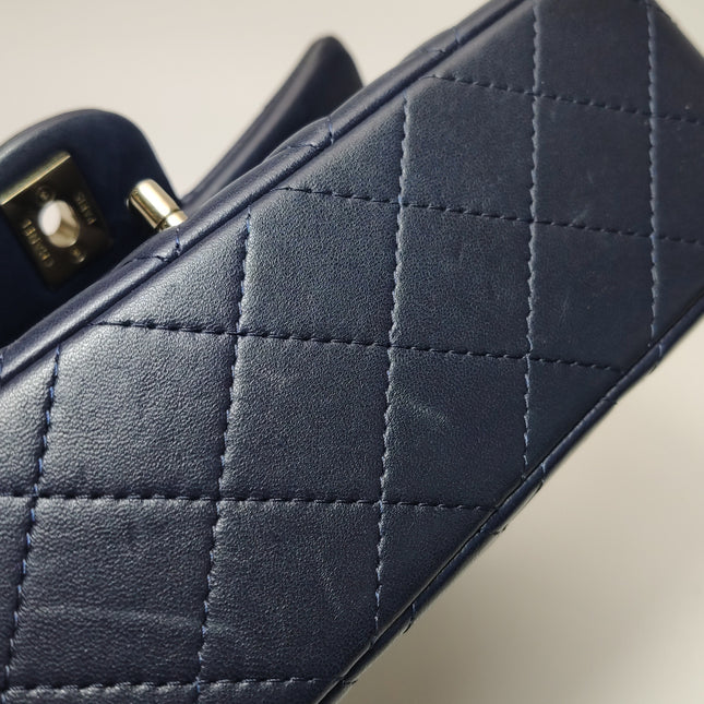 Chanel Classic Flap Mini Rectangular Navy Lambskin Leather Gold Hardware Microchip
