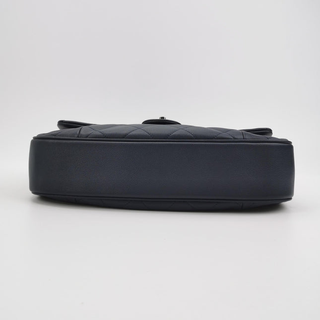 Chanel Large Single Flap Navy Calfskin Leather Cannage Stitch Silver Hardware 2012