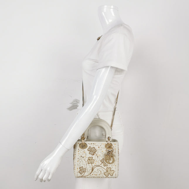 Lady Dior Mini 2018 Embroidered White Calfskin Leather Gold Beads Crossbody Bag