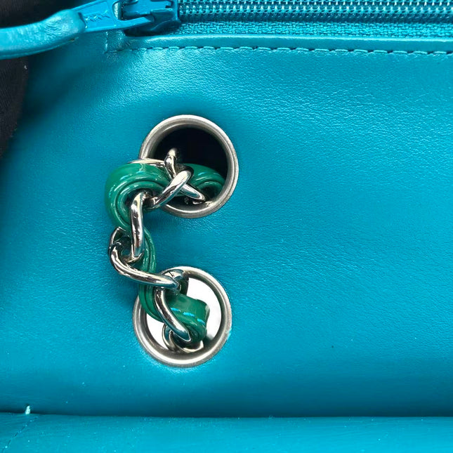 Chanel Classic Flap Medium Teal Blue Green Patent Leather Silver Hardware 2014-15