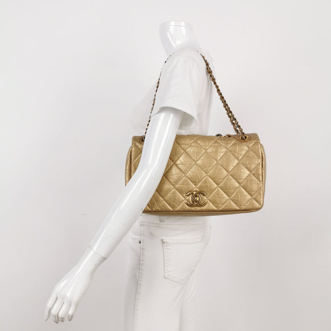 Chanel Paris Bombay Pondicherry Flap Bag Quilted Large Gold Shiny Calfskin Leather