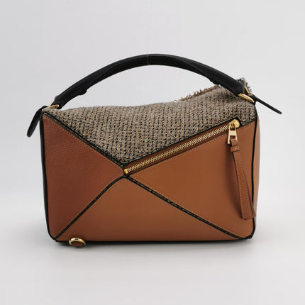 Loewe Puzzle Medium Brown Leather and Tweed Shoulder Bag