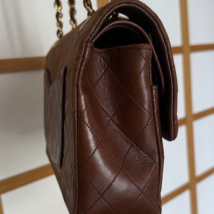 Chanel Classic Flap Rare Vintage Medium Brown Lambskin Leather 24k Gold Hardware 1989-1991