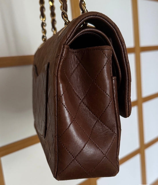 Chanel Classic Flap Rare Vintage Medium Brown Lambskin Leather 24k Gold Hardware 1989-1991