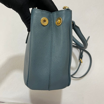 Prada Galleria Saffiano Leather Mini Grey Blue Handbag with Strap