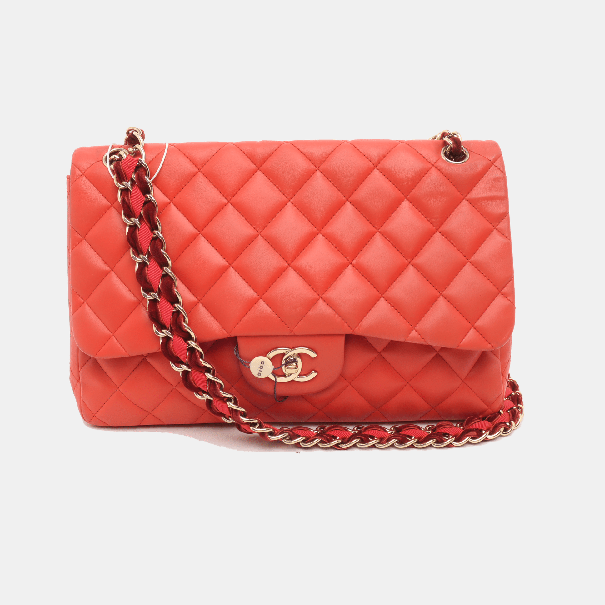 Chanel Classic Flap 2009 Large Red Leather Gold Hardware Velvet Chain Strap-Luxbags