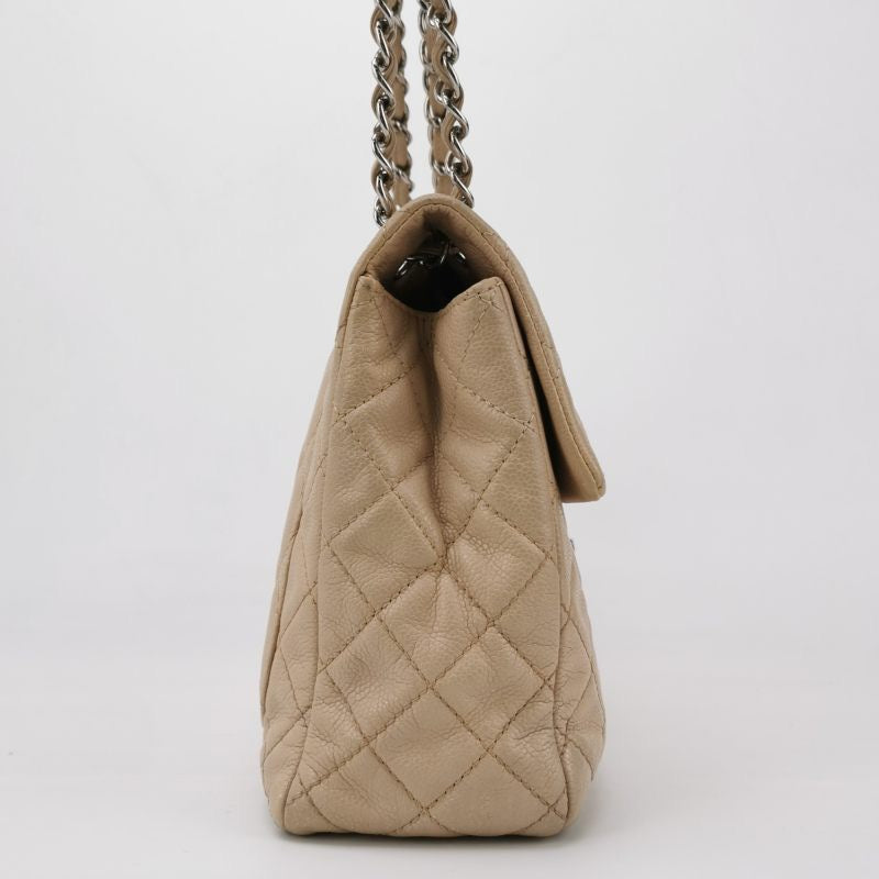 Chanel Classic Flap Maxi Beige Lambskin Leather Giant Siver-tone CC Logo