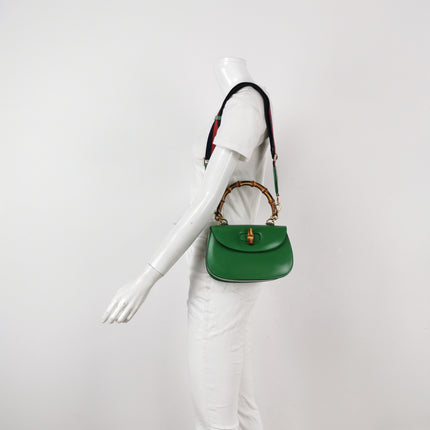 Gucci Bamboo 1947 Top Handle Bag Small Green Box Leather Canvas Strap