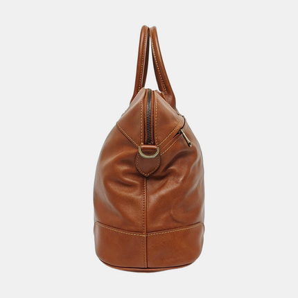 Longchamp Au Sultan Weekender Brown Leather Top Handle Travel Bag Canvas Strap