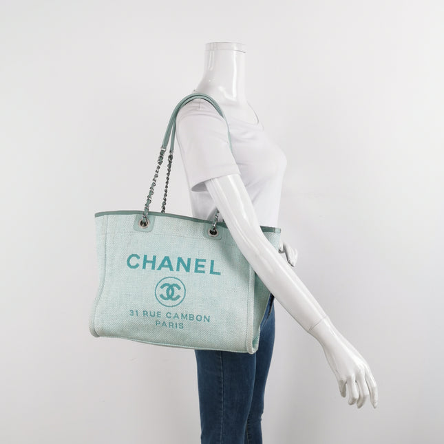 Chanel Deauville Tote Light Blue Cloth Leather Chain Handle Small 34cm