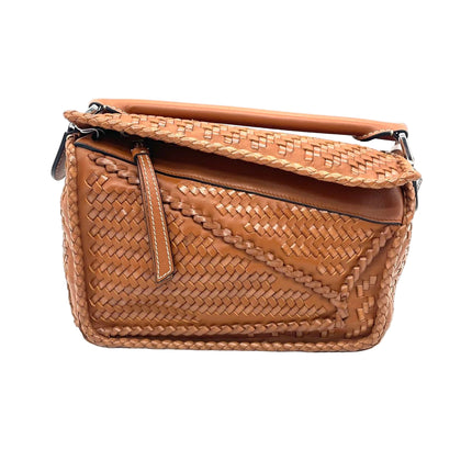 Loewe Puzzle Small Leather Woven Braided Tan Brown Crossbody Bag-Luxbags