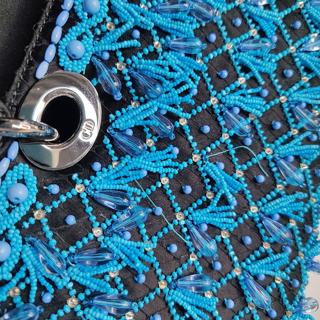Lady D-Joy Medium Bag Exceptional Piece Black Silk Satin Turquoise Beaded Tassel