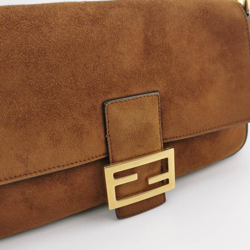 Fendi Baguette Selleria Suede Leather Crossbody Bag Medium Caramel Tan